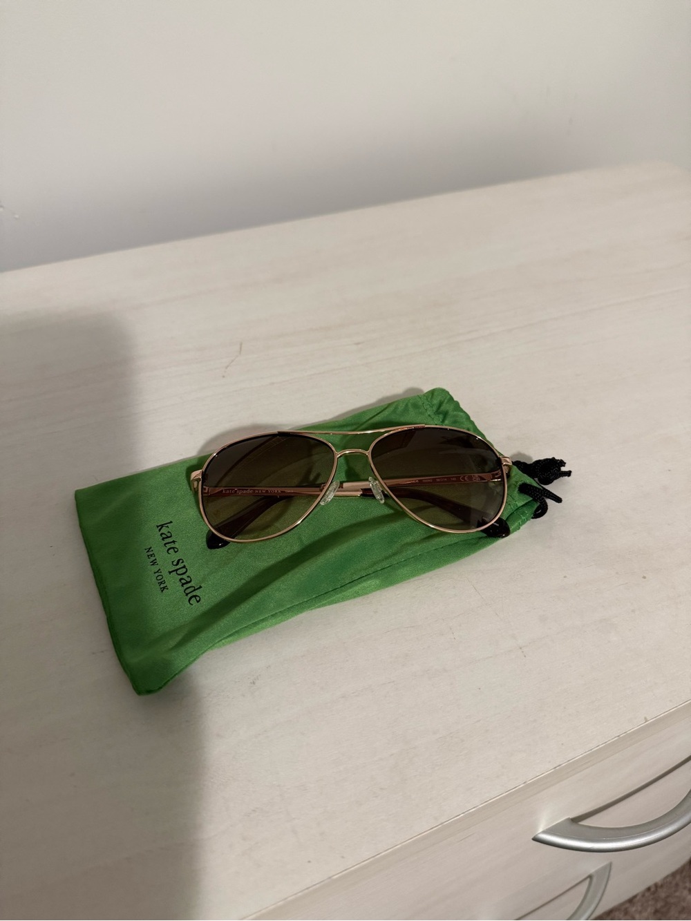 kate spade Gold Aviator Sunglasses with Brown Lenses and Green Pouch